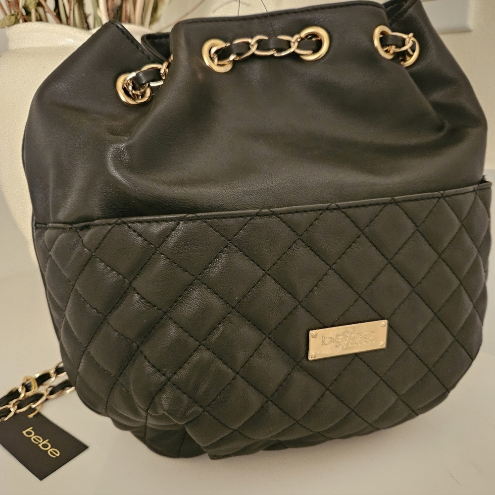 Bebe Black Quilted Backpack with Gold Accents
